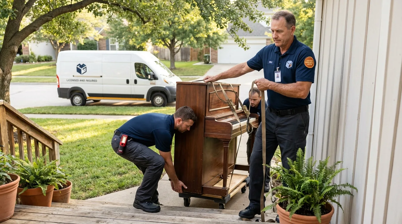 Licensed piano movers securing grand piano in Fennimore, WI