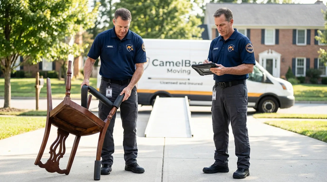 Movers inspecting furniture for damage prevention before loading in Fennimore, WI