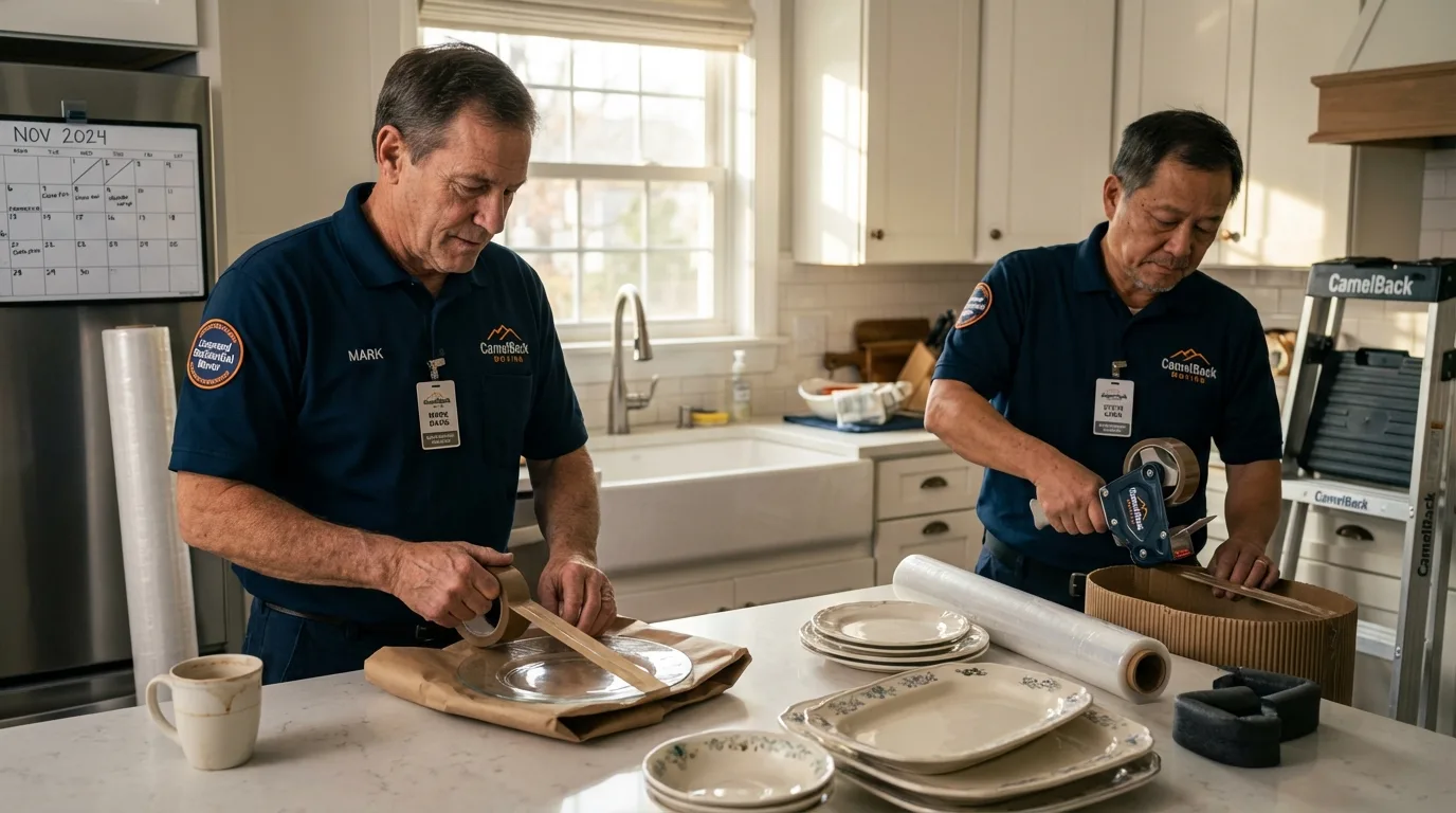 Professional crew packing kitchen dishware in Fennimore, WI